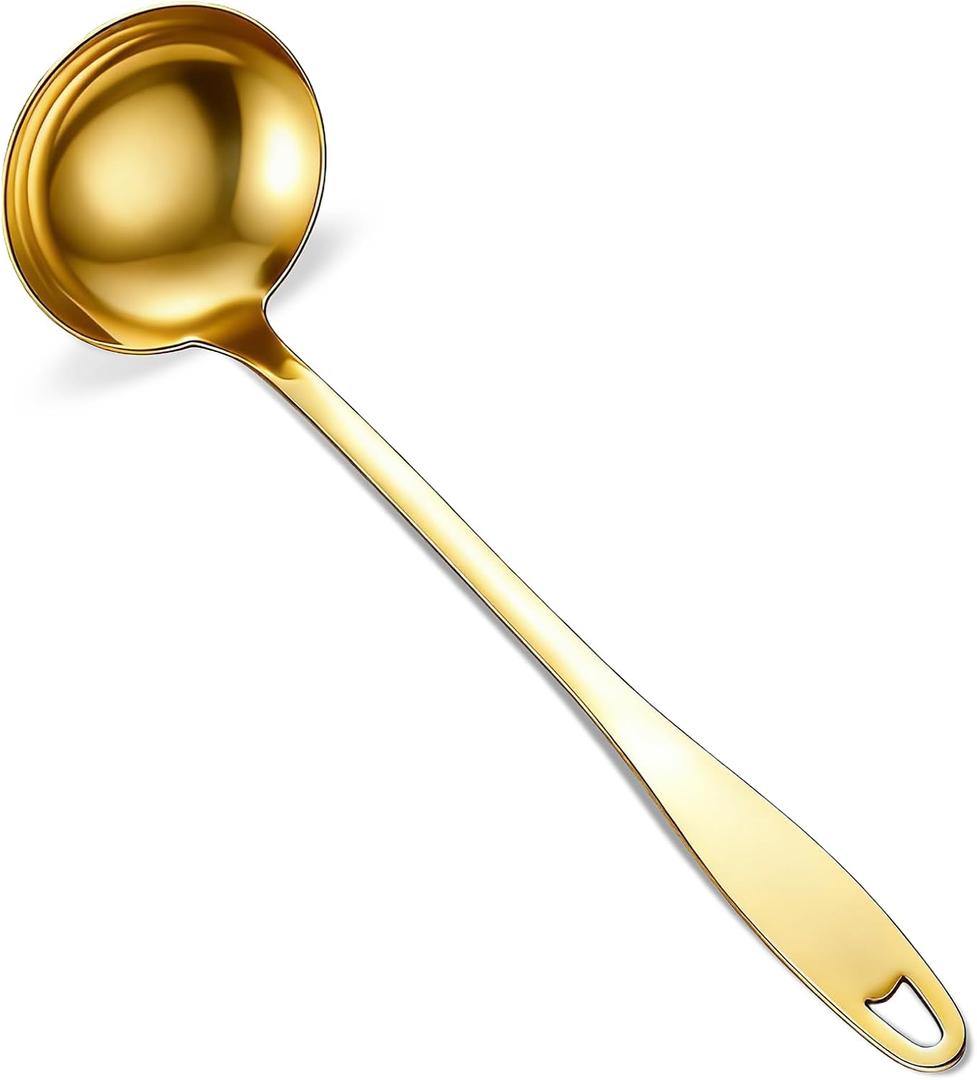 304 Stainless Steel Metal Ladle, Gold Soup Ladle Large Serving Spoon with 11.6" Handle for Cooking Stirring, Dishwasher Safe
