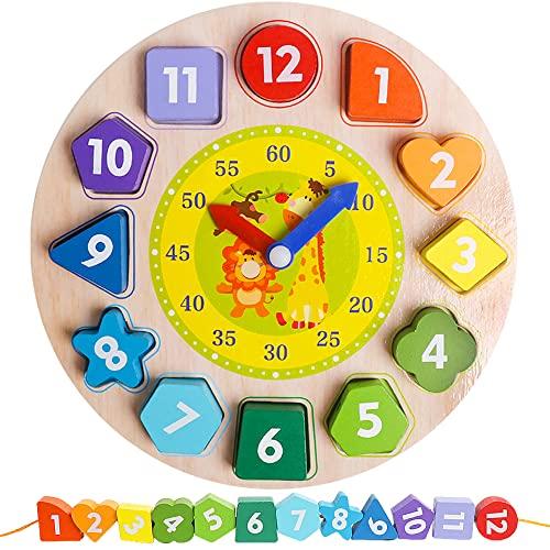 Skrtuan Wooden Sorting Clock Toy for Toddlers 3-5 Years Old, Montessori Shape Color & Animal Puzzle, Educational Learning Gift for Teaching Time, Numbers, and Fine Motor Skills