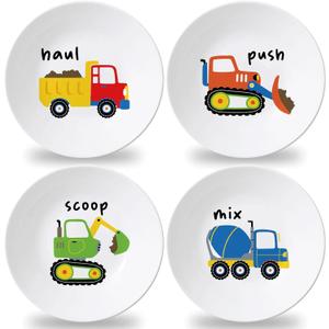 4 Set 10 Inch Construction Truck Plates Melamine Construction Truck Dinnerware Set Reusable Baby Shower Vehicle Melamine Plate Dishwasher Safe for Toddlers Creatively Drop Resistant Cute Plastic Dish