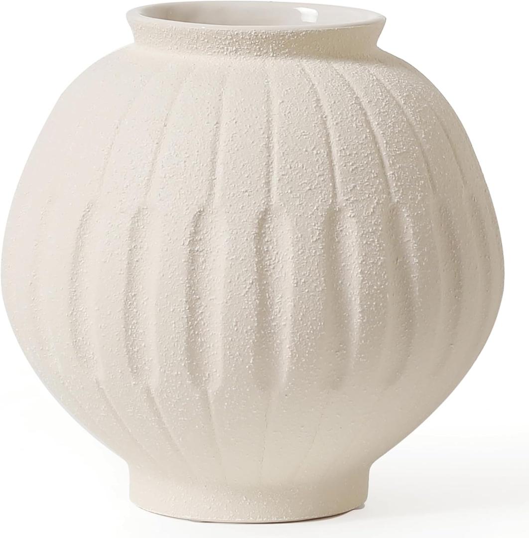 Kokrose Ceramic Round Vase, Cream Pottery Textured Terracotta Vase for Centerpieces, Rustic Farmhouse Style, Ideal for Flowers and Decorative Use, 7.9 Inches