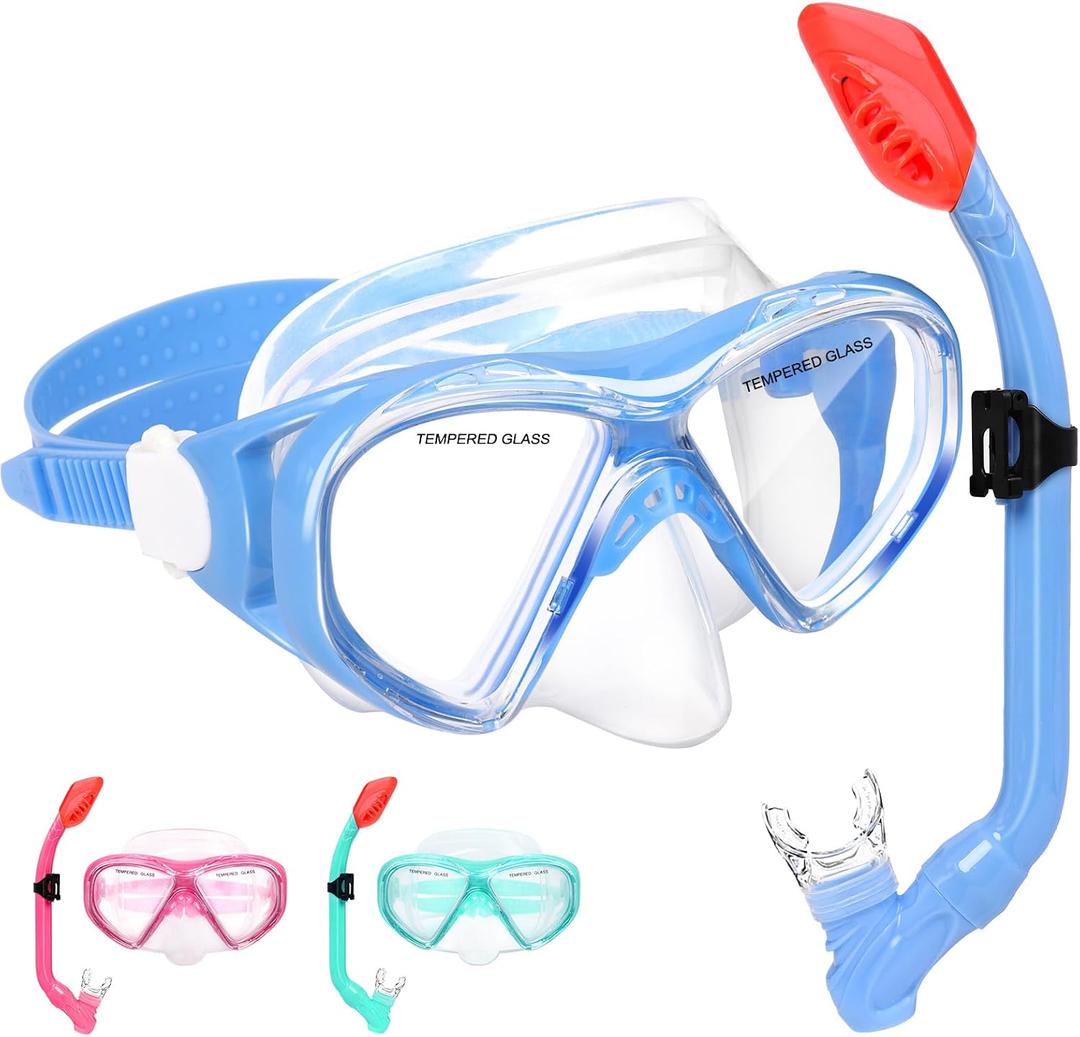 Kids Snorkel Set Dry Top Snorkeling Gear for Kids Youth Boys Girls Junior Age 5-15,Tempered Glass Swimming Diving Mask and Snorkel Set 180 Degree Panoramic View (Light Blue)