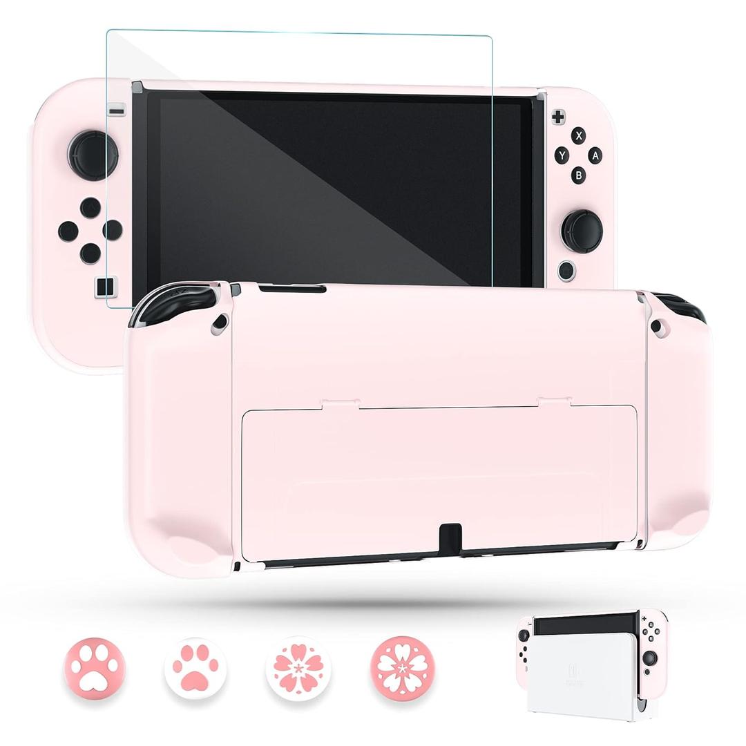 Pink Dockable Case for Nintendo Switch OLED, FUNDIARY Cute Protective Case Protector for Switch OLED Console Accessories with Screen Protector and 4 Thumb Grip Caps