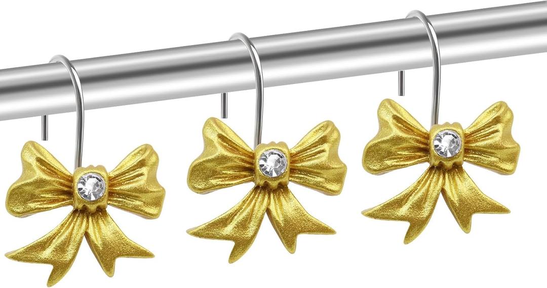 2 x Gold Bow Shower Curtain Hooks Rings Bow Knot Decorative Shower Curtain Hooks Cute Resin Hanger for Bathroom Metal Sparkle Art Decor 12 PCS