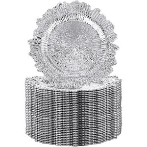 32 Pack Charger Plates Set Reef Chargers for Dinner Table Serving Tray Floral Plastic Decorative Plates for Table Setting Wedding Party, 13 Inch(Silver)