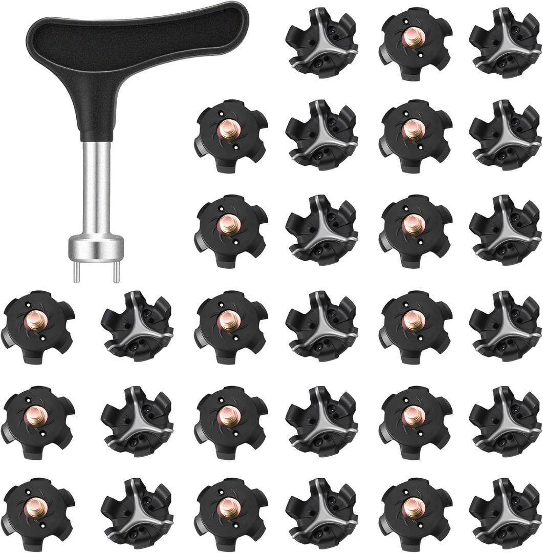 Soulchen 31 Pcs Golf Spikes Replacements Set Including 30 Pcs Cleats Replacement 1 Black Cleats Spanner Metal Thread Screw 6mm Spikes for Golf Shoes