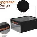 Medium Storage Baskets with Clear Window, See Through Closet Organizer with PU Handles, Linen Foldable Storage Bins for Organizing Clothes, Toys, Books (Black) (Medium-16"x11"x7")