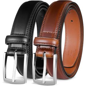 MILORDE Men's Leather Dress Belt 2Pack, Handmade, Genuine Leather, Fashion & Classic Designs for Work Business and Casual (Brown)