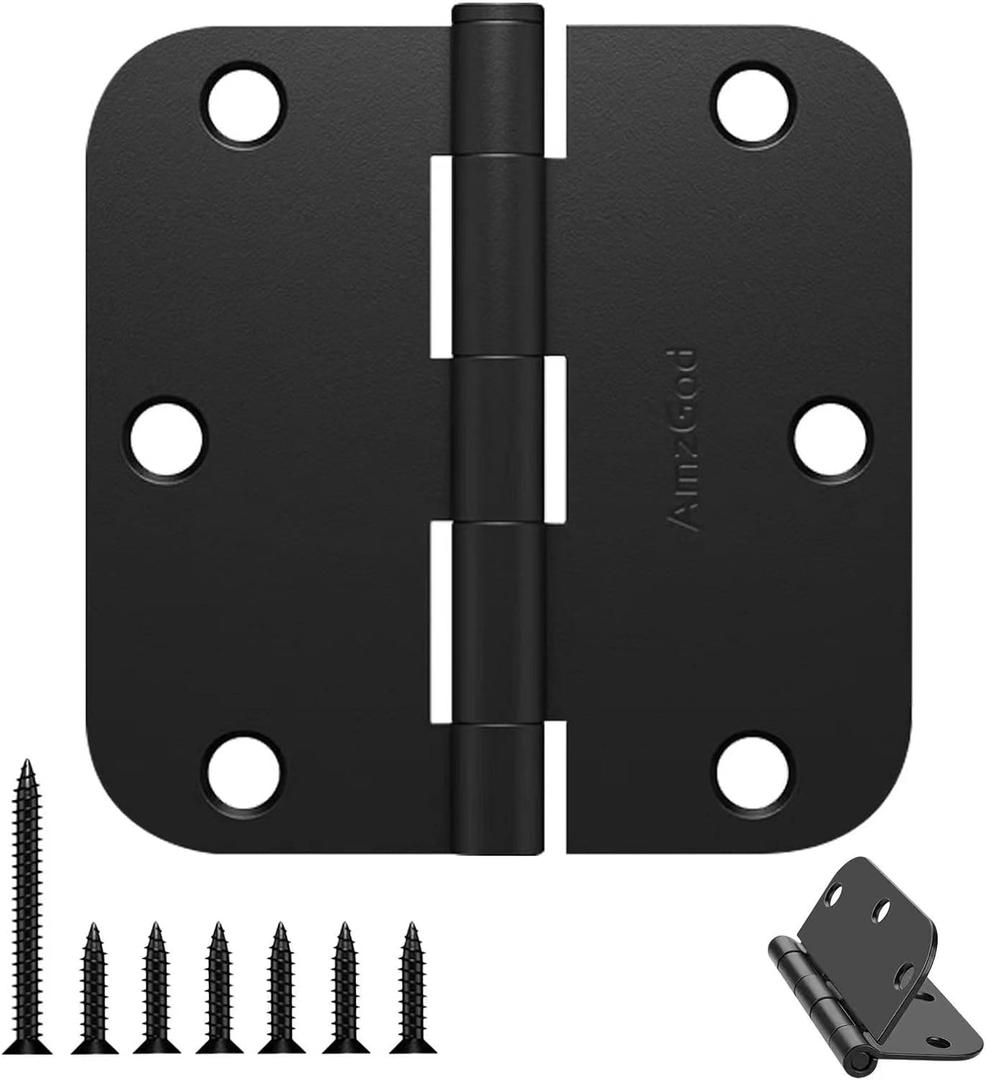 Door Hinges Matte Black - 12 Pack Black Door Hinges 3.5 Inch Rounded Interior Door Hinge with 5/8" Radius Corners - Black Hinges for Doors 3 1/2 Inches Flat Iron Residential Door Hardware