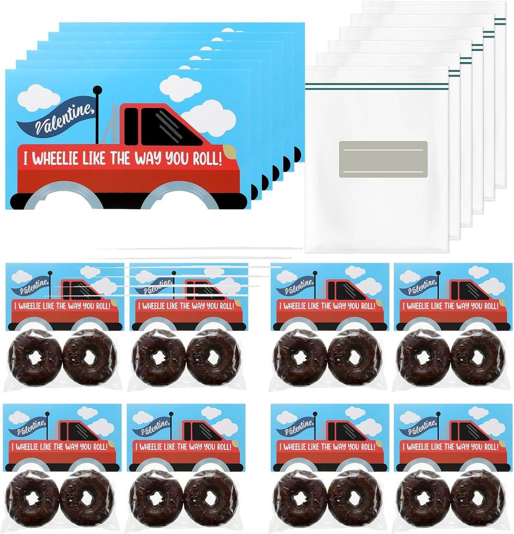 Gueevin 36 Pcs DIY Donut Monster Truck Valentine Gifts 36 Monster Truck Valentine's Day Cards with 36 Resealable Plastic Bags Holiday Exchange Gifts for Craft Favors