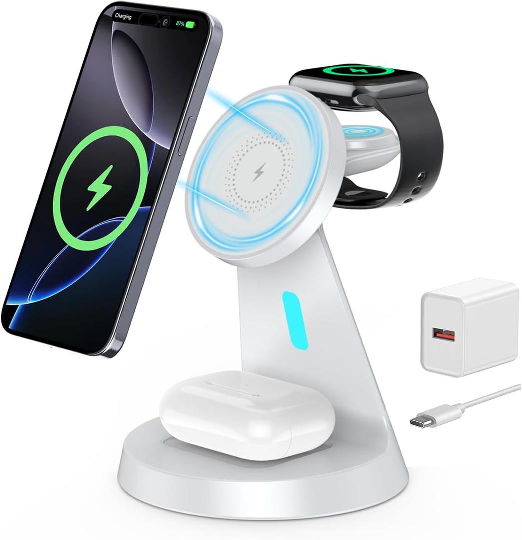 3-in-1 Charging Station Compatible with MagSafe Charger Wireless Charging Station for iPhone 17 16 15 14 13 12 Series Wireless Charger Stand for AirPods Wireless Charging Stand for iWatch Series (White)