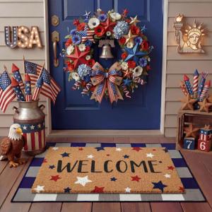Tinideya 2 Pcs 4th of July Door Mat Patriotic Welcome Non Slip Coir Mats Red Blue White Independence Day Star Buffalo Floor Layering Doormats Seasonal for Front Porch Entryway Decor(Independence Day)