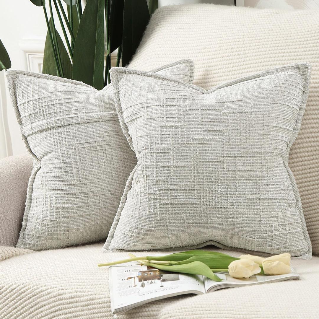 MADIZZ Pack of 2 Chenille Throw Pillow Covers 18x18 Inch Light Grey Soft Neutral Decorative Throw Pillows for Couch Sofa Boho Accent Cushion Covers Modern Farmhouse Home Decor for Bedroom Living Room