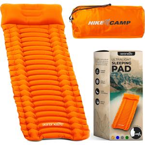 SereneLife Camping Mattress, 2.7" Backpacking Inflatable Air Mattress for Camping, Waterproof Lightweight Sleeping Mat with Carry Bag, Tear-Resistant Nylon for Hiking, Travel, Outdoor, Orange