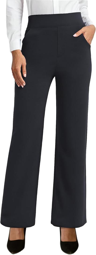 JEKAOYI Womens Dress Pants Straight Wide Leg Pull on Work Pants Business Office Slacks with Pockets (Large, Black)