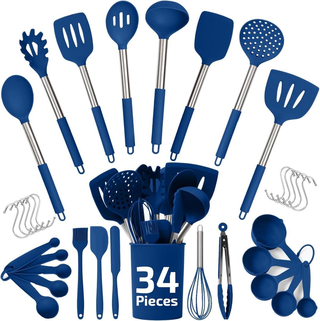 450F Heat Resistant Silicone Kitchen Utensils Set - 34 Pieces Blue Cooking Utensils-Set for Nonstick Cookware - Silicone Spatulas Set, Stainless Steel Handle & Other Kitchen accessories