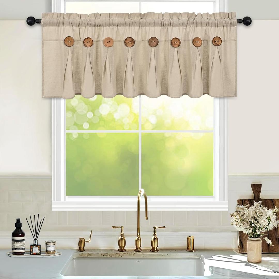 FRAMICS Farmhouse Valance Curtains, Boho Cotton Linen Kitchen Valance, Rustic Button Window Valance for Kitchen Bathroom Bedroom, Country Rod Pocket Valances for Windows, Linen Color, 52 x 18 Inch