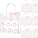 QOUBAI 24Pcs Pink Bow Clear PVC Gift Bags With Handles Bow Goodie Treat Candy Bag Pink Bows Theme Present Wrap Tote Bags for Birthday Party Favor Baby Shower Decoration Supplies 8 x 8 x 3in