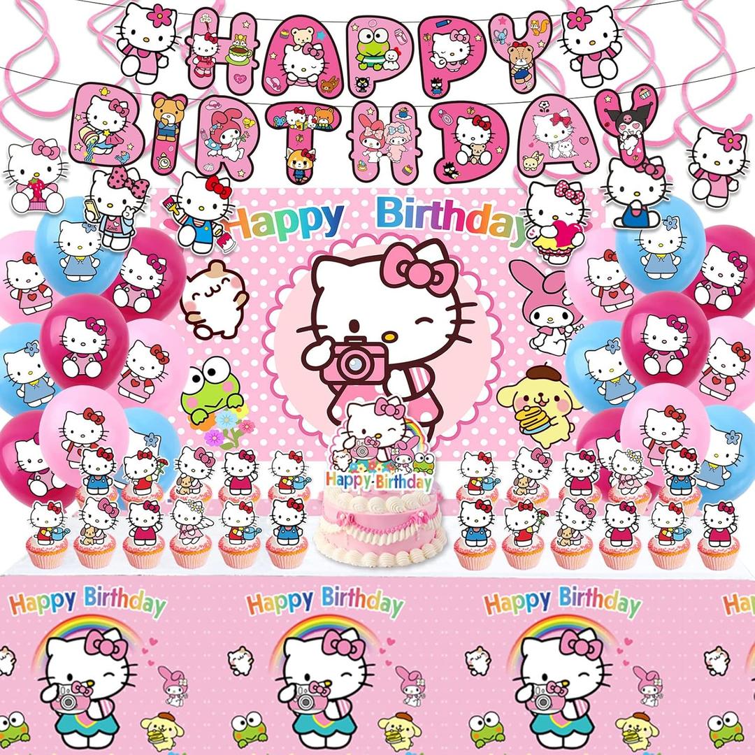 Kitty Birthday Party Supplies, Party Decorations Set Include Banner, Backdrop, Balloons, Hanging Swirls, Cake Cupcake Toppers, Tablecloth for Girls Kitty Theme Party