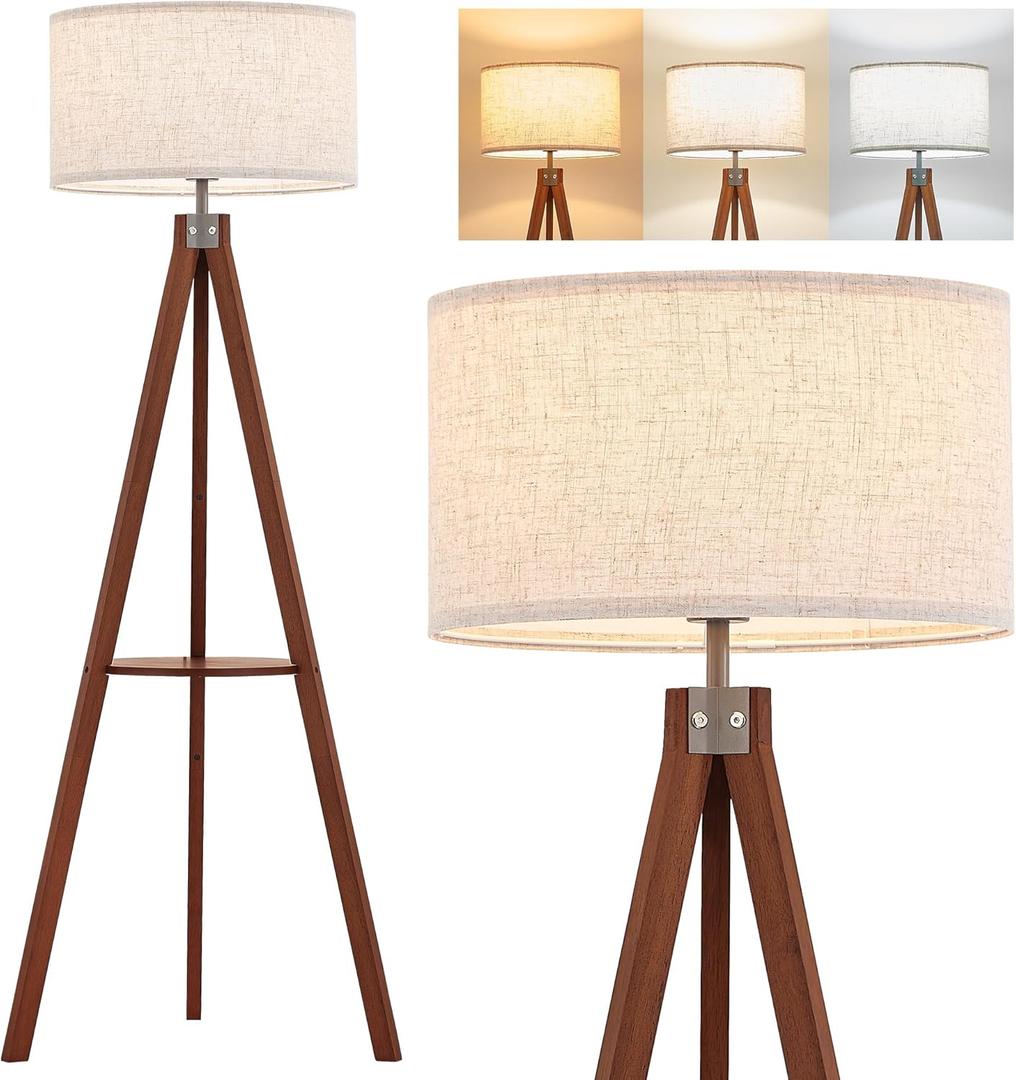 ELYONA Mid Century Floor Lamp with 3 Color Temperatures LED Bulb, Modern Wood Tripod Table Reading Standing Light, Wooden Shelf Floor Lamp for Farmhouse Living Room Bedroom Office Linen Shade Brown