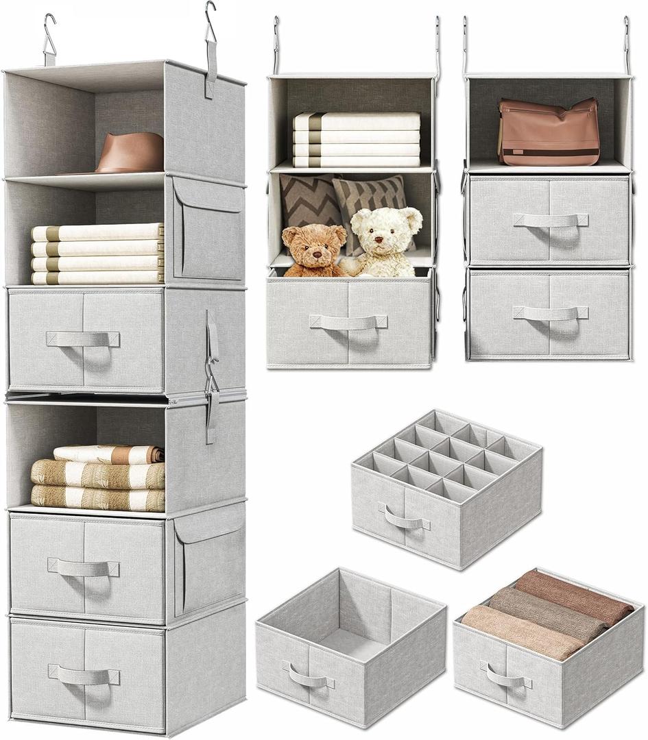 Vailando 6-Shelf Hanging Closet Organizer with 3 Drawers, 2 Separable 3-Shelf Closet Organizers and Storage for Wardrobe Organization, Hanging Dresser for Nursury & Dorm Clothes Organizer, Silver Gray