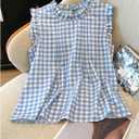 GORGLITTER Women's Gingham Peplum Blouse Top Ruffle Plaid Sleeveless Frilled Collared Tank Top Cute Summer Going Out Outfits Blue and White Large (L)