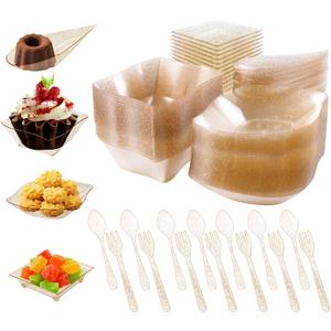 HEHIPLE 200 Pcs Mini Appetizer Plates with Spoons and Forks, Clear Disposable Dessert Bowls and Serving Trays, Tiny Plastic Party Plates for Appetizers, Tastings, Desserts (Gold)