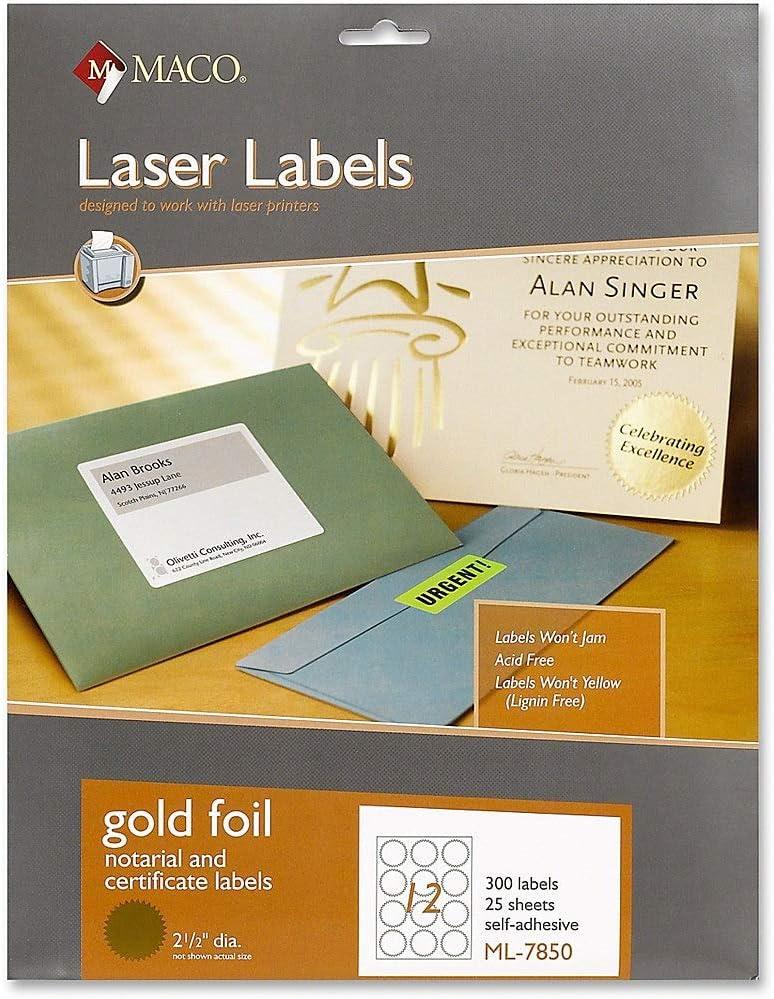 MACO Laser Gold Foil Notarial and Certificate Labels, 2-1/2 Inches in Diameter, 12 Per Sheet, 300 Per Pack (ML-7850)