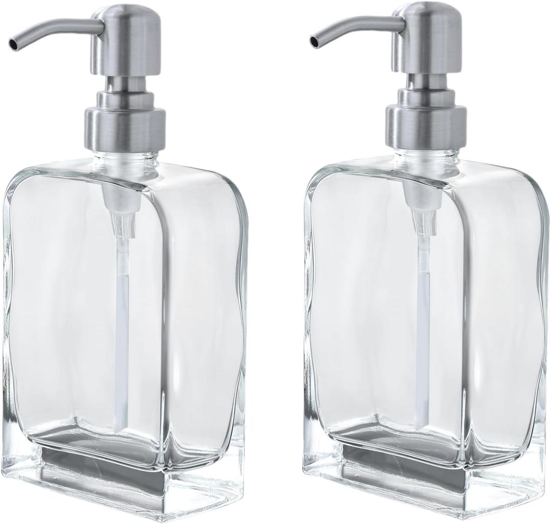 Glass Soap Dispenser with Rust Proof Stainless Steel Pump, Kitchen Hand and Dish Soap Dispensers 2 Pack Set, Refillable Hand Sanitizer Clear Soap Dispenser Bathroom Set, Brushed Nickel