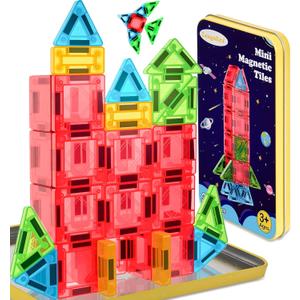 Magnetic Tiles Magnetic Blocks Building Toy: Portable Mini Magnetic Tiles Travel Set 32 Pieces Montessori Toys Birthday Gift for Kids Girls and Boys Ages 3-12 Years Old Preschool Classroom Must Haves (multi-color)