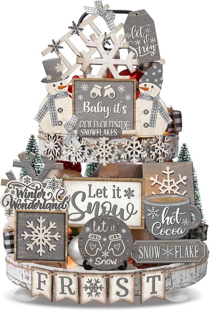 Nuogo 25 Pcs Winter Tiered Tray Decor Wood Rustic Winter Decoration for Home Christmas Snowflake Table Shelf Farmhouse Let It Snow Decor Xmas Snowman Signs for Table Holiday (Gray)
