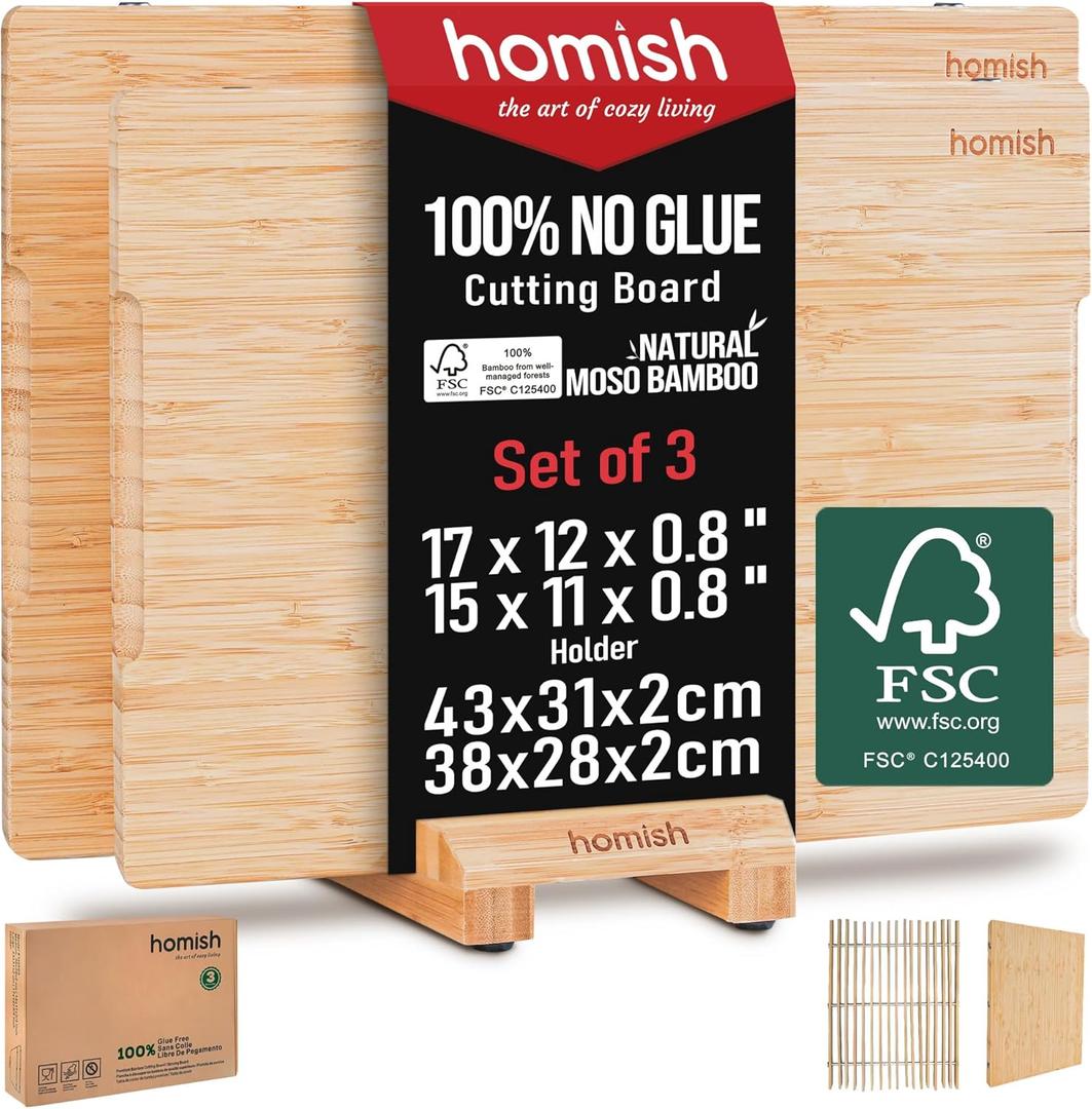 Bamboo Cutting Boards Set with Stand - 3 Piece Charcuterie Board with Handle, Truly Glue Free, Non Toxic Wood Chopping Serving Boards for Kitchen Gift Set - Dishwasher Safe [New 2026 Upgrade]