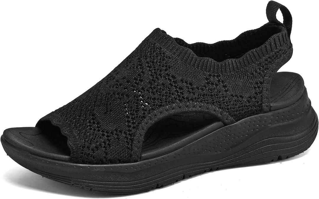 Womens Orthopedic Walking Sandals Arch Support Comfort Slip-On Sport Sandals Open-Toe Athletic Sandals for Plantar Fasciitis Summer Beach Casual (Black), Size 10
