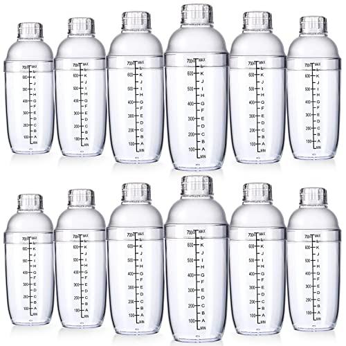 Lallisa 12 Pcs Plastic Cocktail Shaker Drink Mixer with Scales and Strainer Top Clear Shaker Cup with Measurement Plastic Mixing Tool for Tea Coffee Bubble Tea Milk(700 Cc/ 24 oz)