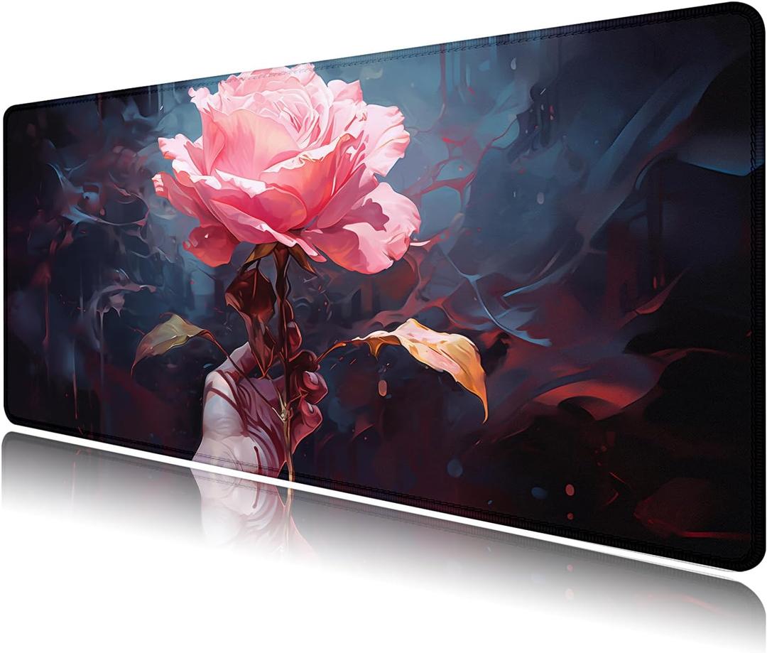 Floral Mouse Pad, Desk Pad Mat, Gaming Pad, Desk Mat for Keyboard and Mouse, Medium Mouse Pad, Big Mousepad with Stitched Edge Non-Slip Rubber Base for Office School Home (27.5X11.8 in) (Pink&Flower)