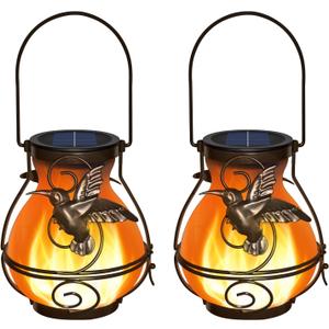 2 Pack Solar Lanterns Outdoor Waterproof , Metal Hummingbird Flickering Flame Solar Lights, Hanging Decorative Lantern for Patio Garden Porch, Gifts for Women, Mom