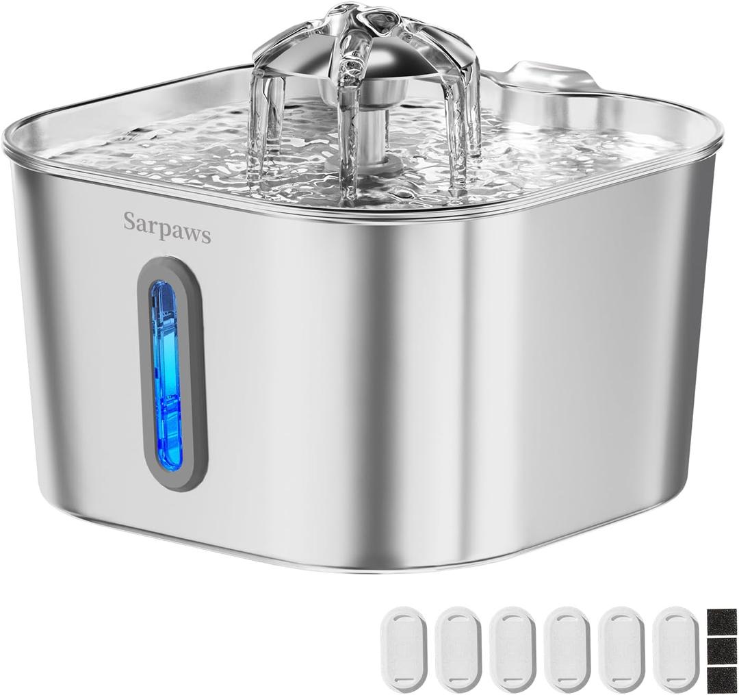 Cat Water Fountain Stainless Steel74oz/2.2L SARPAWS Water Fountains for Cats Indoor, Cat Fountains for Drinking, Ultra-Quiet, Water Level Window, Pet Water Fountain - 6 Filters + 3 Sponges
