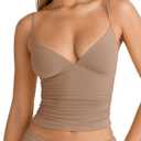 PINKMSTYLE Women's Sexy V Neck Ruched Cami Top Sleeveless Spaghetti Double Layer Fitted Crop Tank Tops (Apricot)