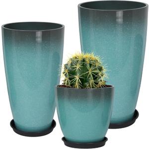 Neoaider 24/21/12 Inch Large Plastic Planter, Lightweight Ceramic-Look Tall Planters with Drain Hole & Saucers, Tall Plastic Planters for Porch, Garden, Patio, Balcony(Sky Blue)
