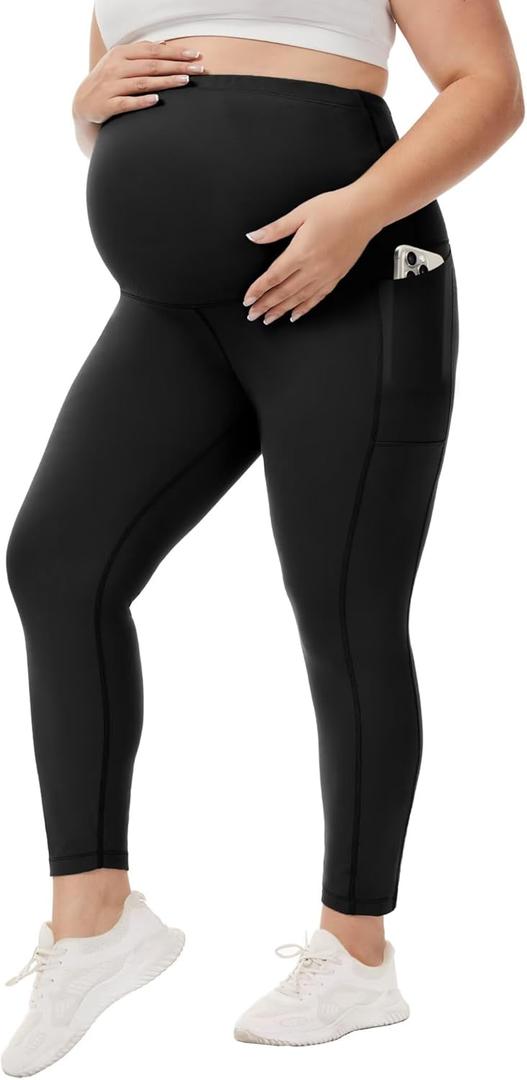 Happy.angel Plus Size Maternity Leggings with Pockets,Pregnancy Yoga Pants Over-The-Belly,Maternity Tights for Workout Casual (3X-Large, Black)