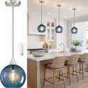 8" Blue Glass Modern Pendant Light Kitchen Island Mid Century Brushed Nickel Modern Pendant Lighting with Glass Globe Modern Hanging Pendant Light for Dining Room FoyerBulb Incl.