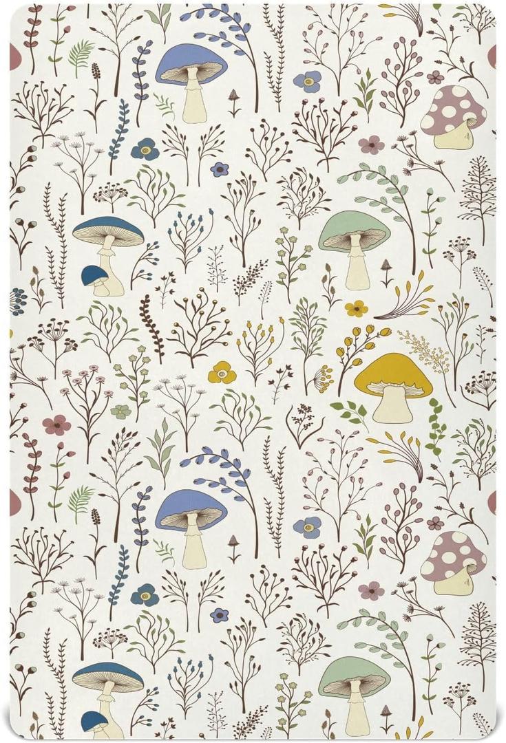 Fitted Crib Sheets Wild Plants Mushroom Stretchy Portable Playard Sheets for Baby Toddler, Breathable Soft Mini Crib Mattress 52 x 28 in for Boys and Girls