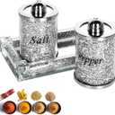 Crystal Salt and Pepper Shakers Set with Tray,Sparkly Crystal Crushed Diamond House Decor for Kitchen,Bling Salt Pepper Jar Container Pot for Countertop,saleros para cocina elegantes,Silver