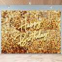 Golden Flash Square Happy Birthday Backdrop for Women Golden Wall Birthday Backdrops for Photography Golden Glitter Birthday Party Decorations Banner Girls Women Birthday Photo Backdrop 7x5Ft (S2)