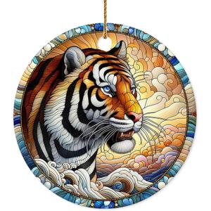 Christmas Ornament - Tiger Ceramic Ornament, Wildlife Art for Animal Lovers & Christmas Tree Dcor, Car Hanging Decoration Ornament, Wine Bottle Decor