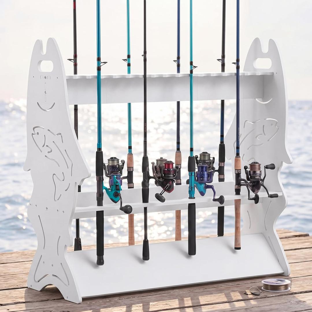 Fishing Rod Rack for Garage & Dock, 3 Tier Detachable Design Fishing Pole Holder for 24 Rods, Waterproof Outdoor Marlin Rod Storage Organizer for Garage, Tackle Shop & Boathouse, Gifts for Fishermen