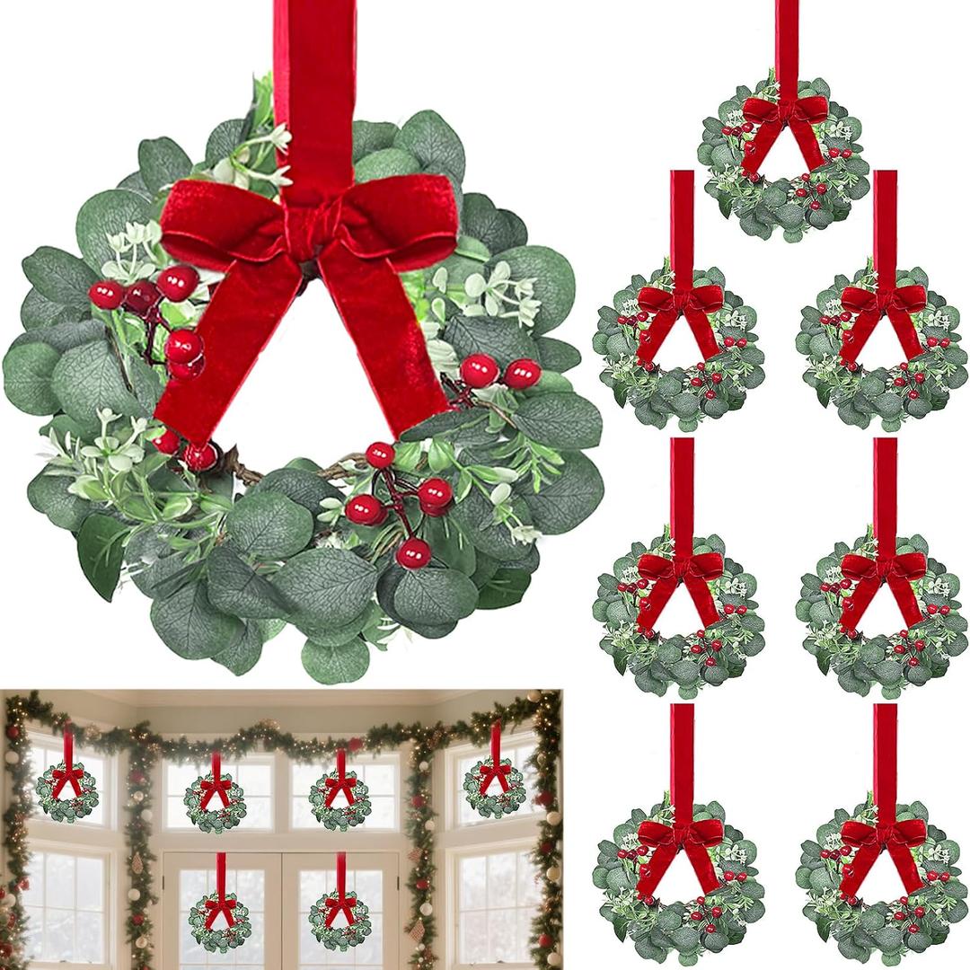 8 Pack 12 Inch Mini Christmas Wreath Small Christmas Kitchen Cabinet Wreaths with Red Bow Eucalyptus Leaves Flowering Boxwood Branches Red Berry Xmas Wreaths for Windows Door Wall Stairs Home Decor