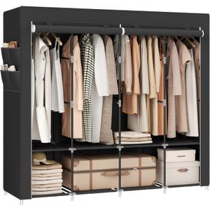 SONGMICS Portable Closet, Wardrobe Closet Organizer with Cover, 4 Hanging Rods and Shelves, 4 Side Pockets, 66.9 x 17.7 x 65.7 Inches, Large Capacity for Bedroom, Living Room, Ink Black URYG094B02