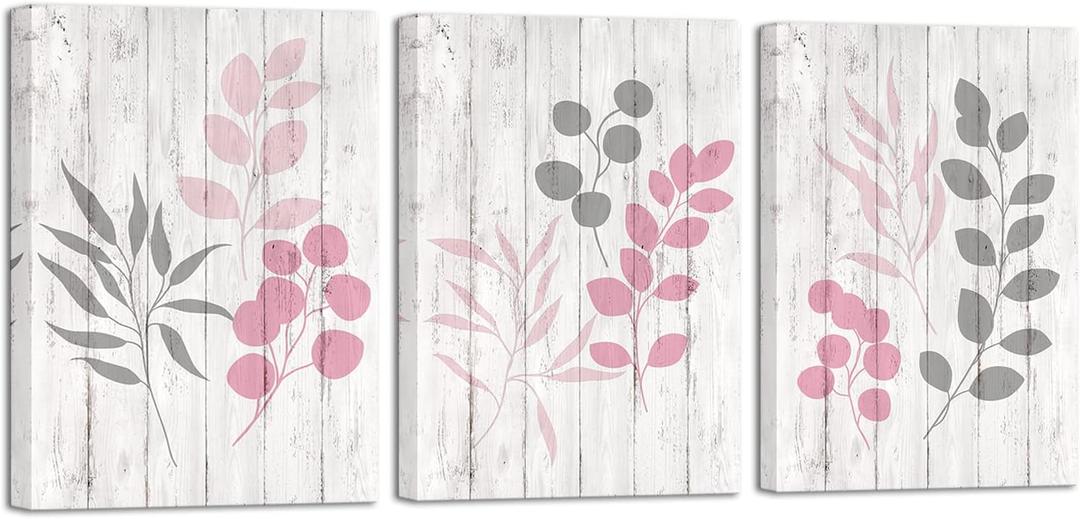 HOMEOART Leaf Print Canvas Wall Art Pink and Grey Botanical Plant Leaves Painting Rustic Bathroom Decor Pictures Framed Ready to Hang 12"x16"x3 Panels