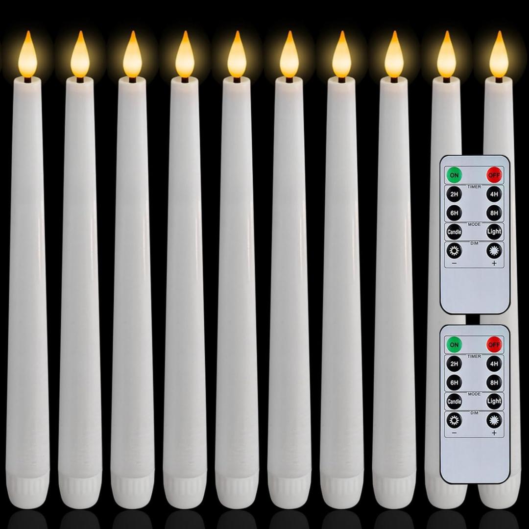 Homemory 12 Pcs Waxy Flameless Taper Candles with Remote, Led Flameless Candlesticks Classic Tall Candle, Flickering Battery Operated Taper Candles for Bedroom, Dining Room, White, 9.6 inches