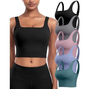 Womens Sports Bras 5 Packs - Square Neck Longline Workout Crop Tank Tops Padded Yoga Camisole with Built in Pads (Small, 5 Packs - Black/Dark Gray/Lilac Pink/Blue/Teal)
